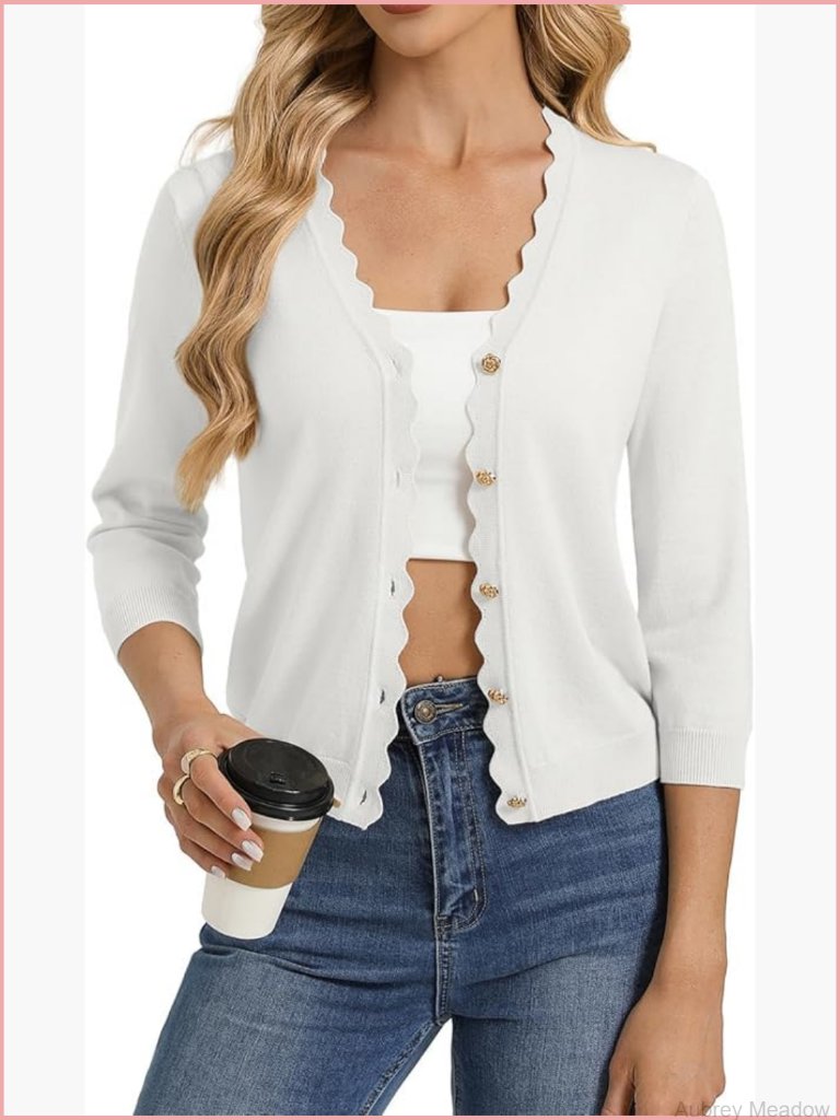 3/4 Sleeve V Neck Button Down Lightweight Cardigan Sweater Open Front Shrug